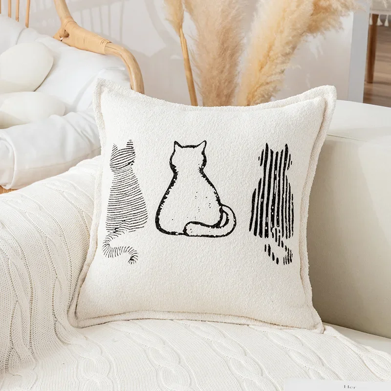 Nordic Cute Cat Print Cushion Cover Abstract Plush Pillow Case Autumn Decoration Home Living Room Bay Window Sofa Pillowcase