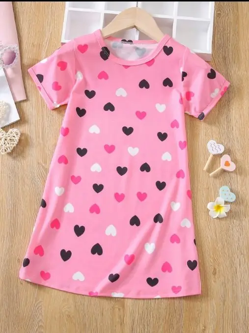 

Ladies and Girls Home Pink Love Polka Dot Pattern Pajamas Ladies Casual Short Sleeve Dresses Crew Neck Pajamas Casual Homewear