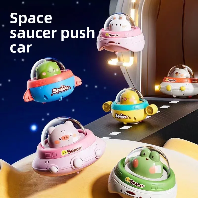 Coche de juguete de aprendizaje temprano para niños pequeños, coche con platillo volador Press-and-Go con mecanismo de retorno alimentado por inercia, regalo de educación temprana