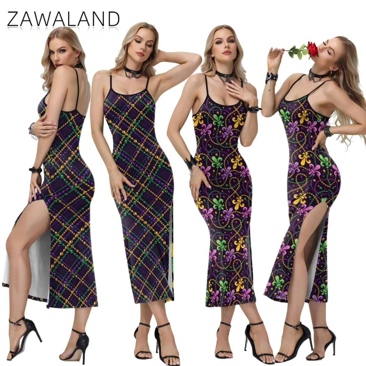 

Coloured Bead Plaid Printing Dress Mardi Gras Fleur-de-lis Cosplay Costume Woman Suspender Slit Dresses Carnival Festival Outfit