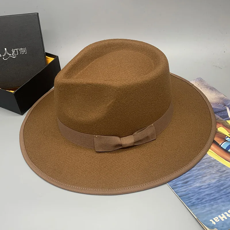 قبعة من الصوف المدبب على الطراز الأوروبي قبعة جاز عتيقة بحافة واسعة مع شريط من الساتان لون سادة محبوك ​