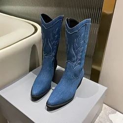 Blue Cowboy Knight Motorcycle Women's Boots Embroidered Retro Western All-match Thick Heels Outdoor Denim Mid Calf Boots 2024