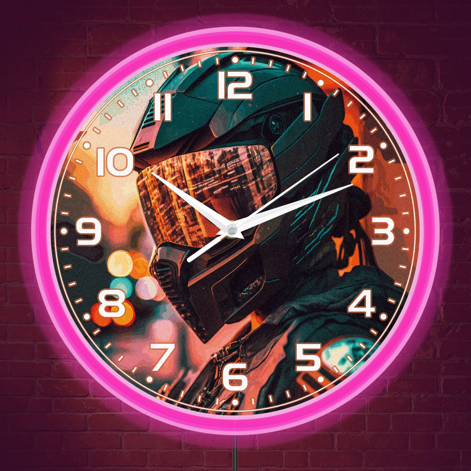 Cyber Motorcycle Helmet LED Neon Wall Clock for Garage Workshop Motorbike Illuminated Sign Cyber Biker Night Light Wall Clock