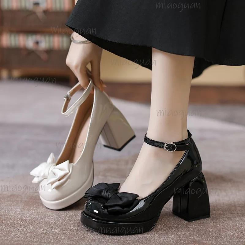 

New Women's Platform Pumps with Bow Knot Chunky Block Heel Ankle Strap Patent Leather Party Shoes Black/Beige Mary Jane Shoes