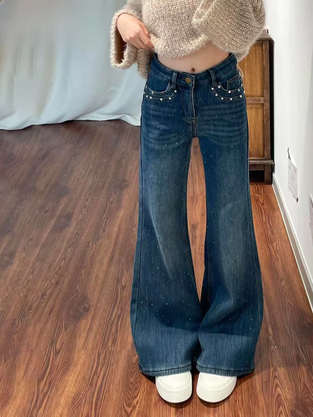 High Waist Flared Jeans Women's Loose Fit Small Size Bell Bottoms Sequin Embellished Denim Pants Spring Summer New Arrival