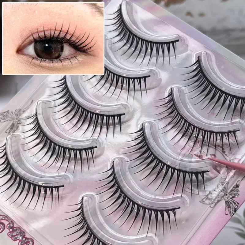 Kpop Idol Makeup Falsche Wimpern, 5 Paar, voller Streifen, lange, dicke Comic-Augenwimpern, hartes Band, handgefertigt, Manga-Wimpern, Kosmetik-Werkzeuge