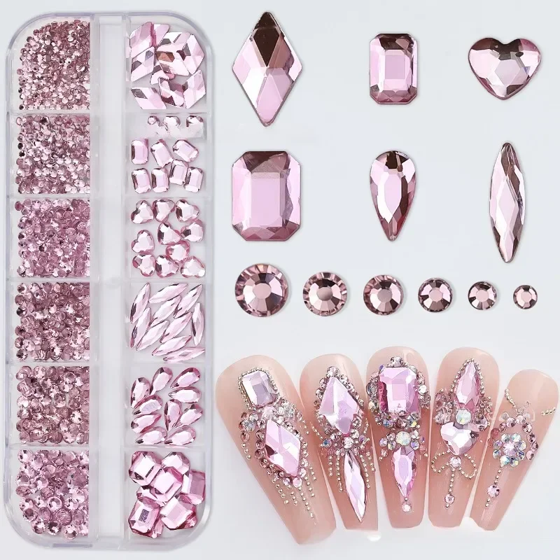 12 Grid DIY Decoration Nail Art Diamond Jewelry Mixed Color Flat Shaped Diamond Love Drop Nail Charms Nail Decoration Decals