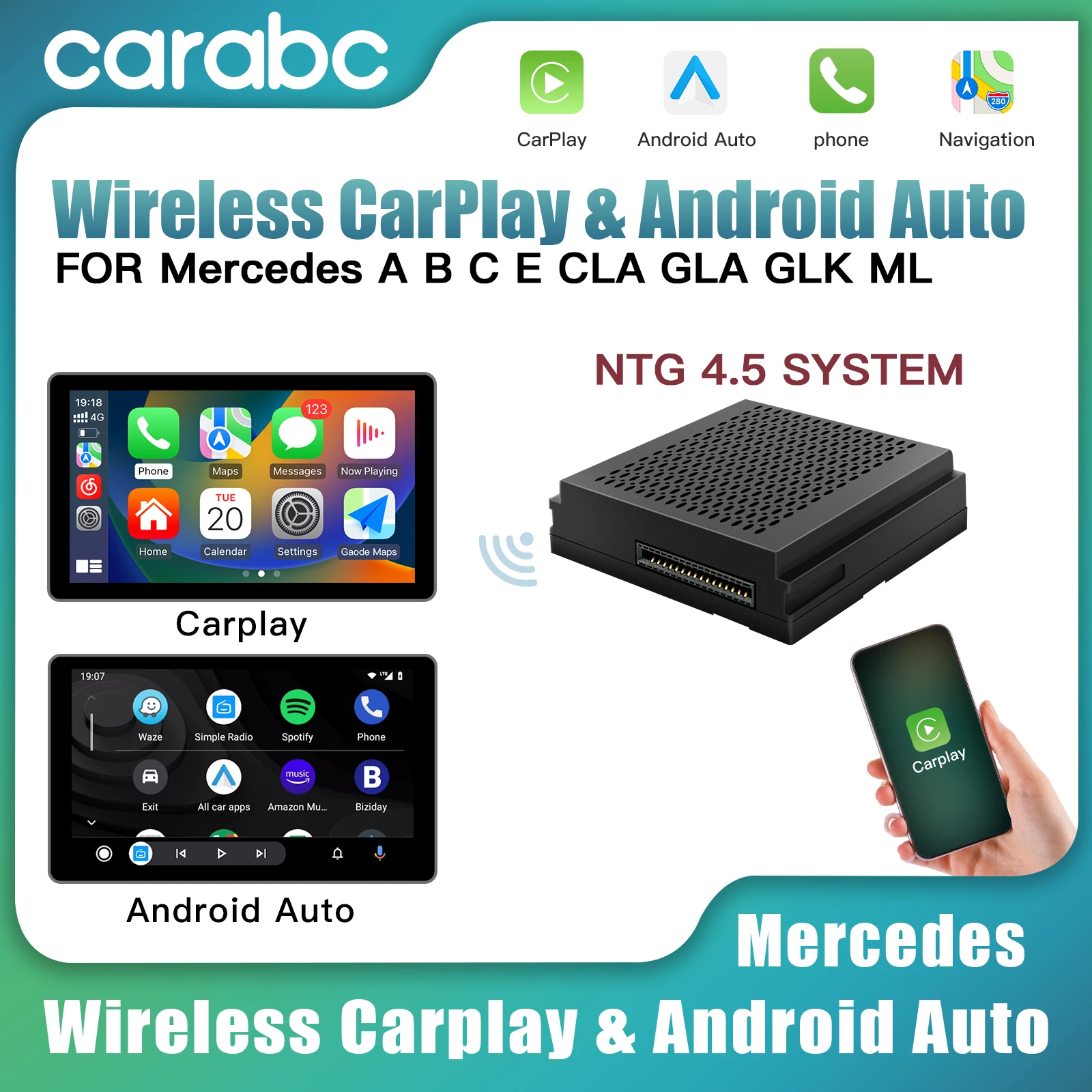 

CARABC Wireless CarPlay for Mercedes Benz Android Auto Mirror Link AirPlay Function Models A, B, C, E, CLA, GLA, GLK, ML, NTG4.5
