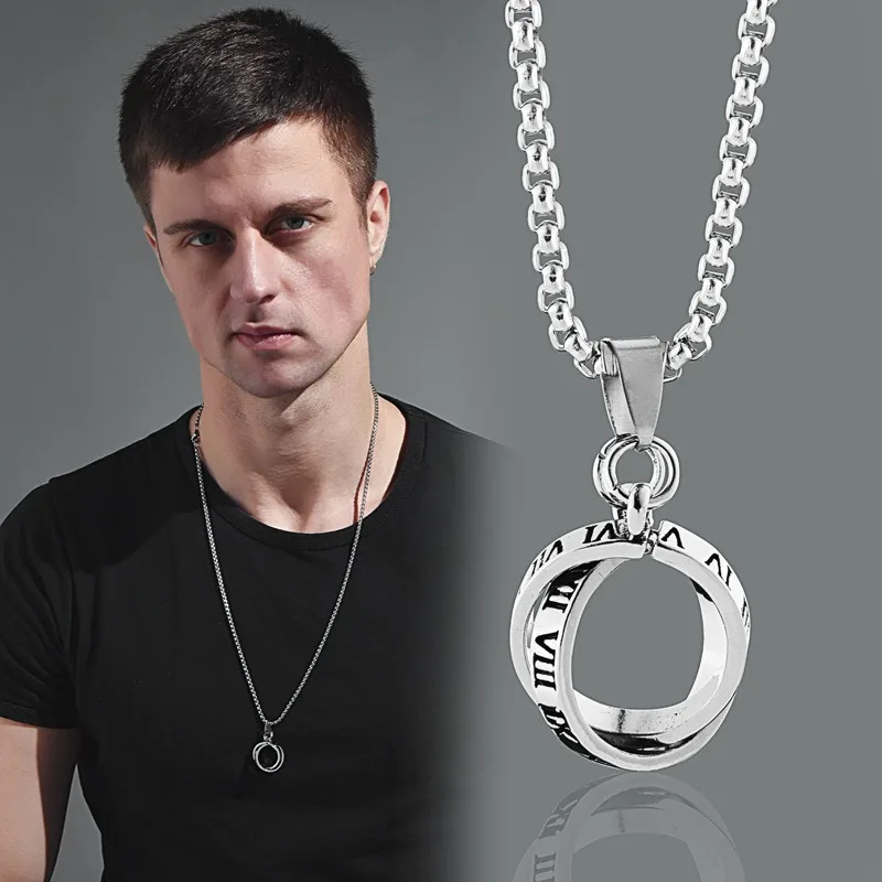 Kalung cincin ganda, tebal dan individual, kalung pelajar pria trendi, liontin baja titanium huruf pria