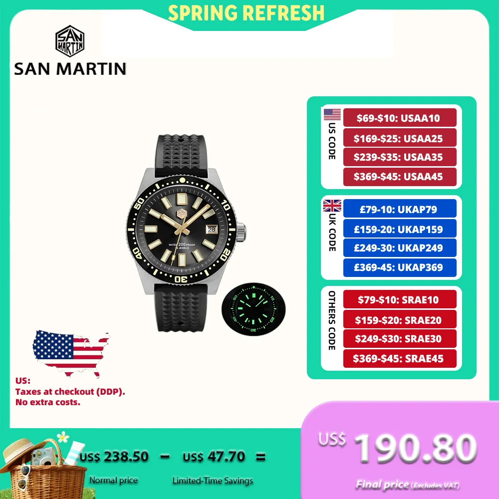 

San Martin 40mm 3D Printing Full C3 Lume Surfing Dial NH35 Men Diver Watch 62mas Week Date Window Gilt Indices 20Bar SN0007 V3