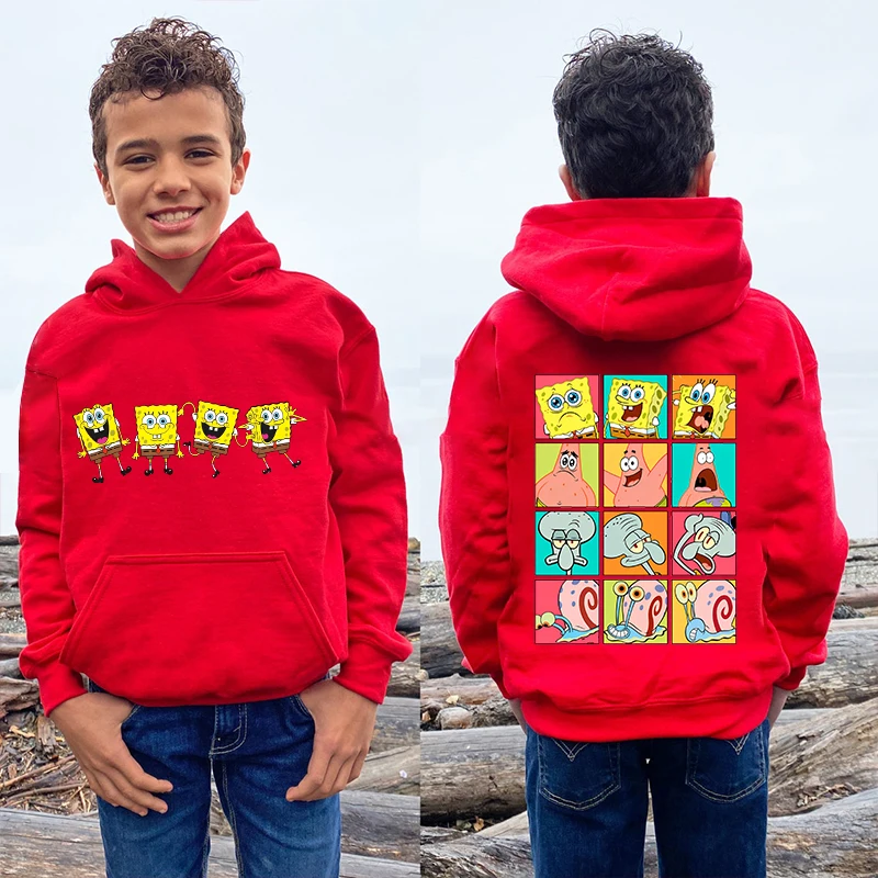 MINISO SpongeBob SquarePants kids hoodie autumn and winter plus velvet sweater red cartoon top boy