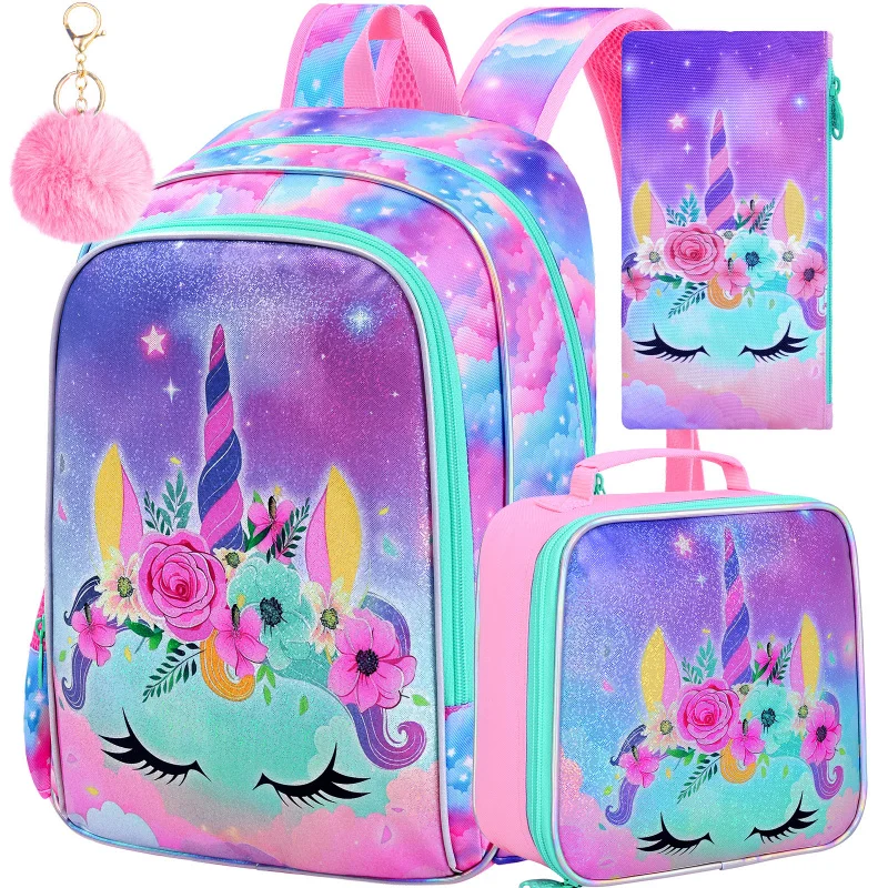 

3PCS Unicorn Backpack for Girls, 16” Kids UV Bookbag and Lunch Box for Kindergarten Elementary