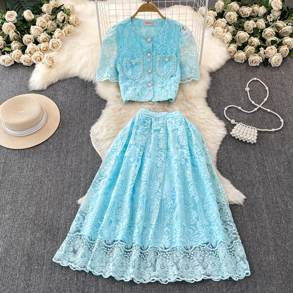 

Korean Fashion Sweet Lace Set Two Piece Skirt Suits Lace Embroidery Flower Short Sleeve Shirt Tops Midi Skirt Women's Outfits