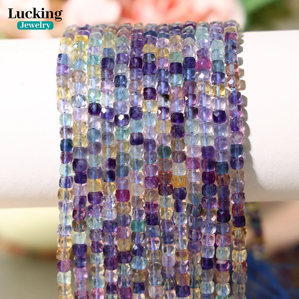 A+ Natural Colorful Fluorite 4mm Square Faceted Beads For Jewelry Making Bracelet DIY Handmade Accessories 15''