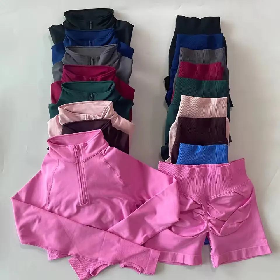 

2 Pieces Sets Women Long Sleeve Yoga Crop Zippy Top Longline Sports Top Gym Shorts Fitness Suits Running Workout Set Outfit