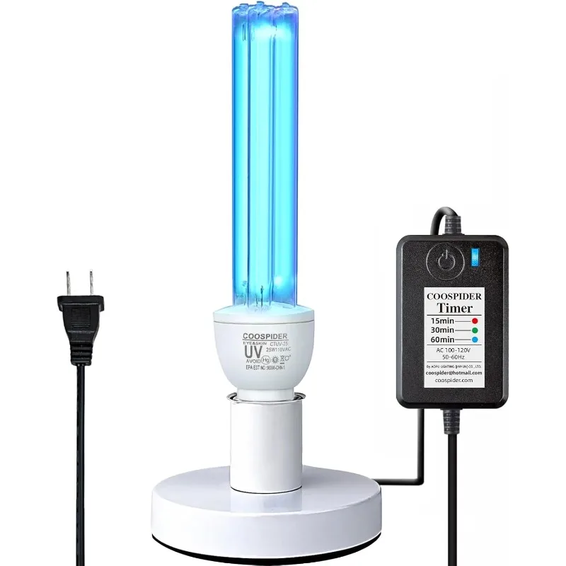 COOSPIDER UV Lamp with Ozone 25W UVC Light Bulb with Base 3-Gear Timer 185nm Wavelength UV Light E26 110V CTUV-25 (with Ozone)