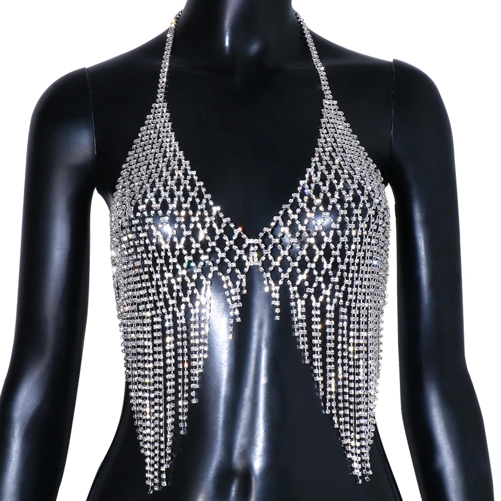 Stonefans Mesh Harness Rhinestone Tassel Bra Chain Nightclub Clothing Hollow Festival Tops Crystal Sexy Body Jewelry for Women