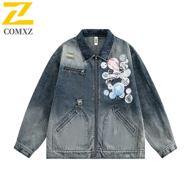 

COMXZ Мужская джинсовая университетская куртка в стиле Athflow для путешествий и путешествий, однотонные уличные куртки в стиле ретро, свободное пальто для выходных и кемпинга