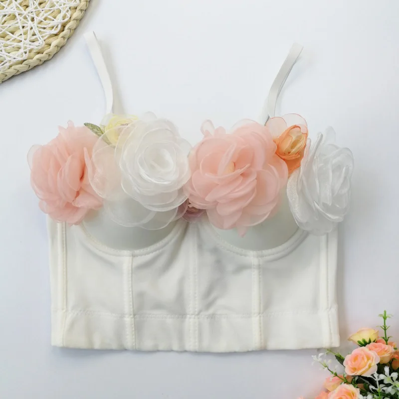 

Vest-style Suspenders Steel Rings 3D Flower Shaping Top Women Nightclub Party Cropped Vest Women Wedding Bralette Plus Size