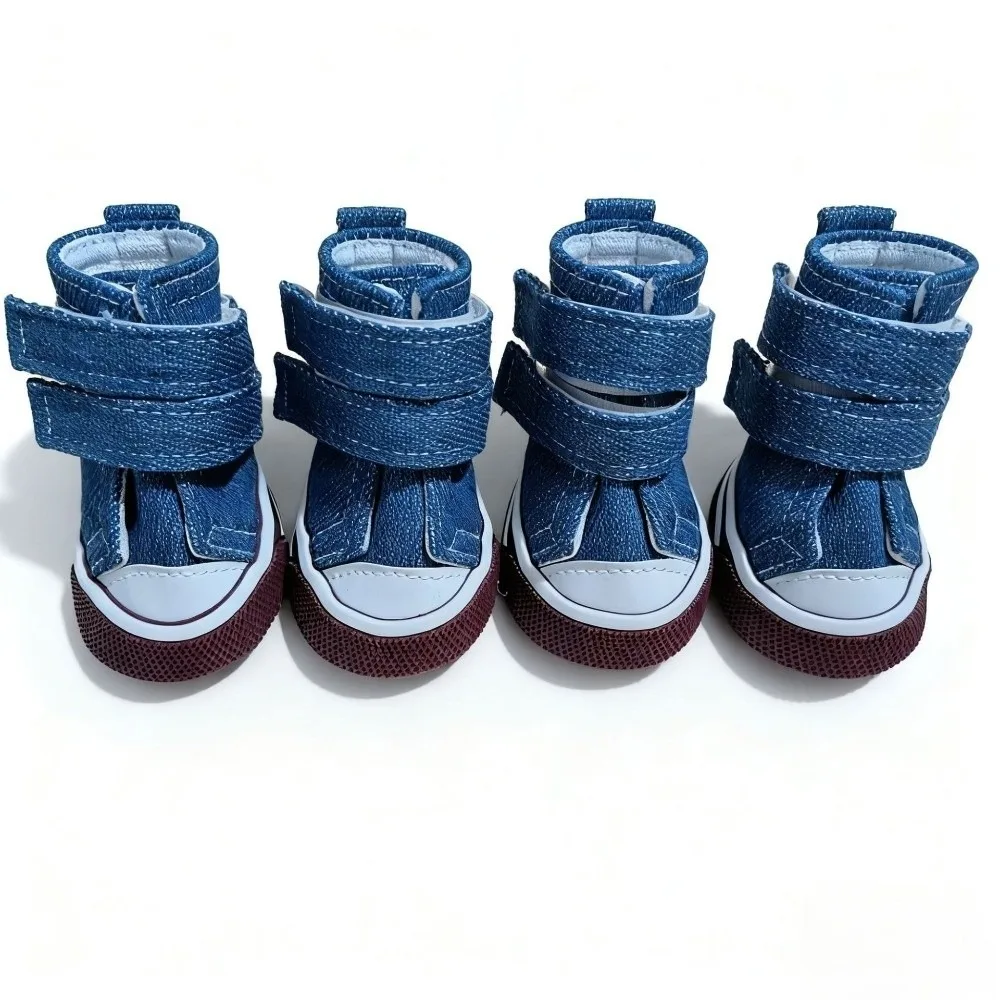 

4pcs/set Adjustable Non-Slip Pet Shoes Wear-Resistant Breathable Dog Canvas Sneakers Rubber Soles Dog Casual Shoes Pet Supplies