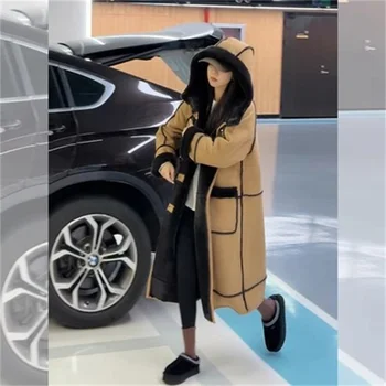 معطف فرو امبسوول بقلنسوة للنساء ، من جلد الغزال ، بأكمام طويلة ، دافئ ، ملابس خارجية ، عالي الجودة ، شتاء ، خريف ، 2023