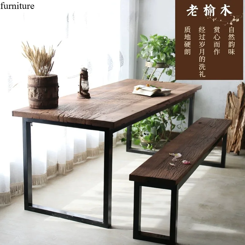 Old elm dining table iron leg table weathered door panel old bar counter wrought iron American simple tea table all solid wood d