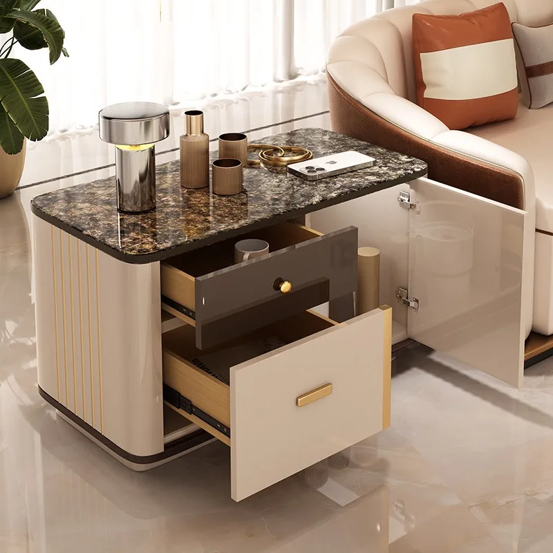 Medieval sofa side cabinet narrow side rock slab cream wind living room corner several high cabinets wooden countertop storage