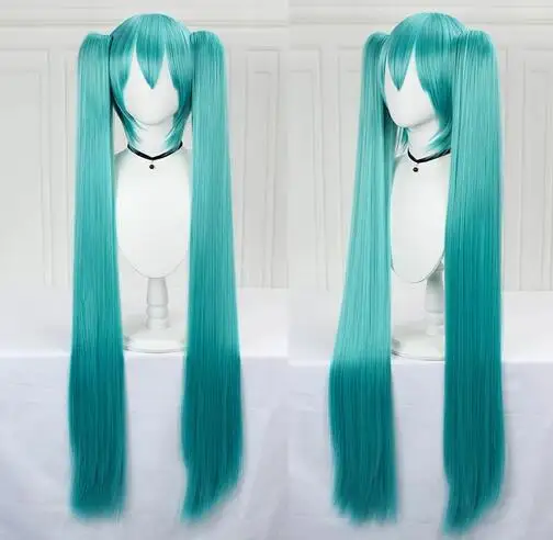 Harajuku Miku Long Blue Straight Cosplay Synthetic Hair Wig + Clip Ponytails Heat Resistant Wigs