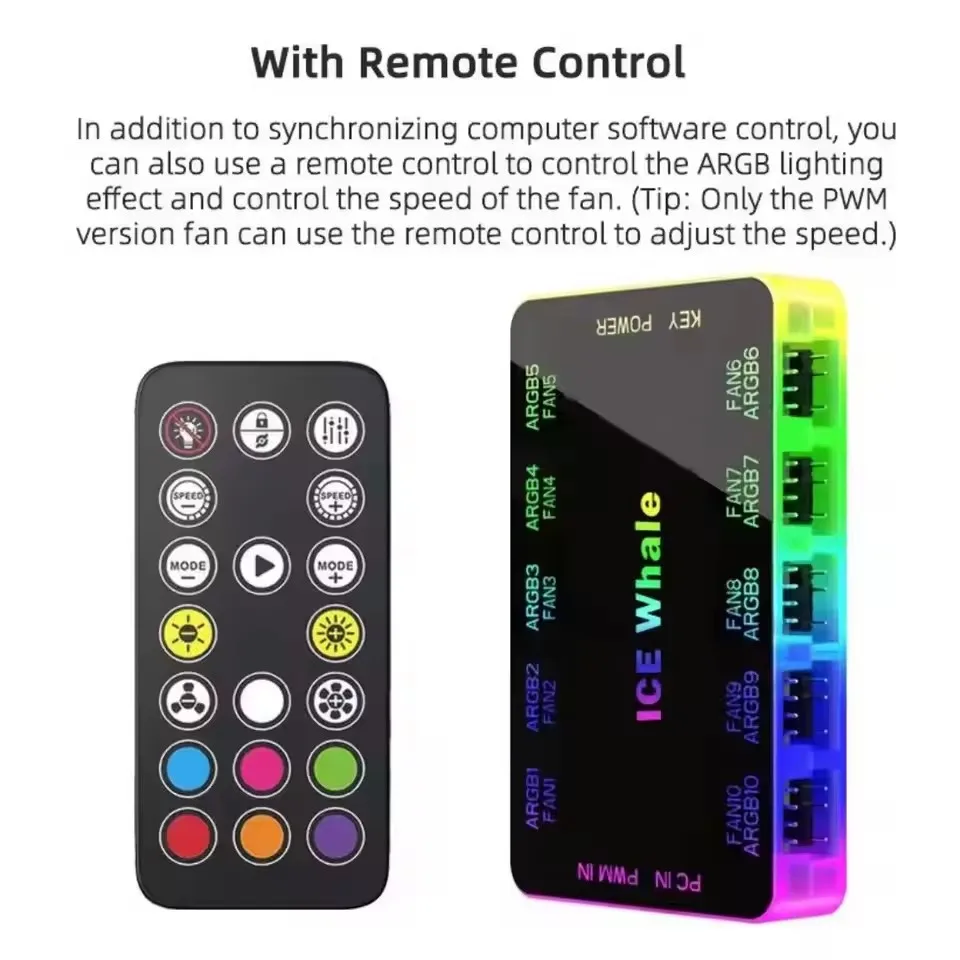 ICE Whale C10 1 to 10 PWM&ARGB Case Fan Hub SATA Power Interface Splitter 4Pin PWM 3Pin Addressable ARGB With Remote control