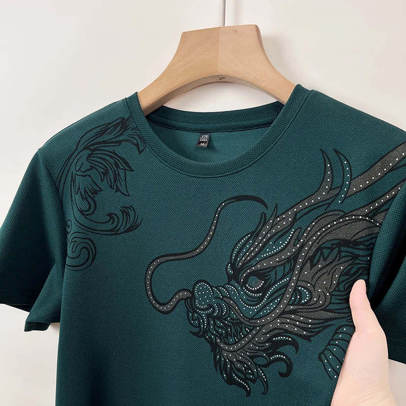 Summer Trendy Dragon Pattern Hot Drill Printing Round Neck Short-sleeved T-shirt for Men Designer Style New Casual Versatile Top