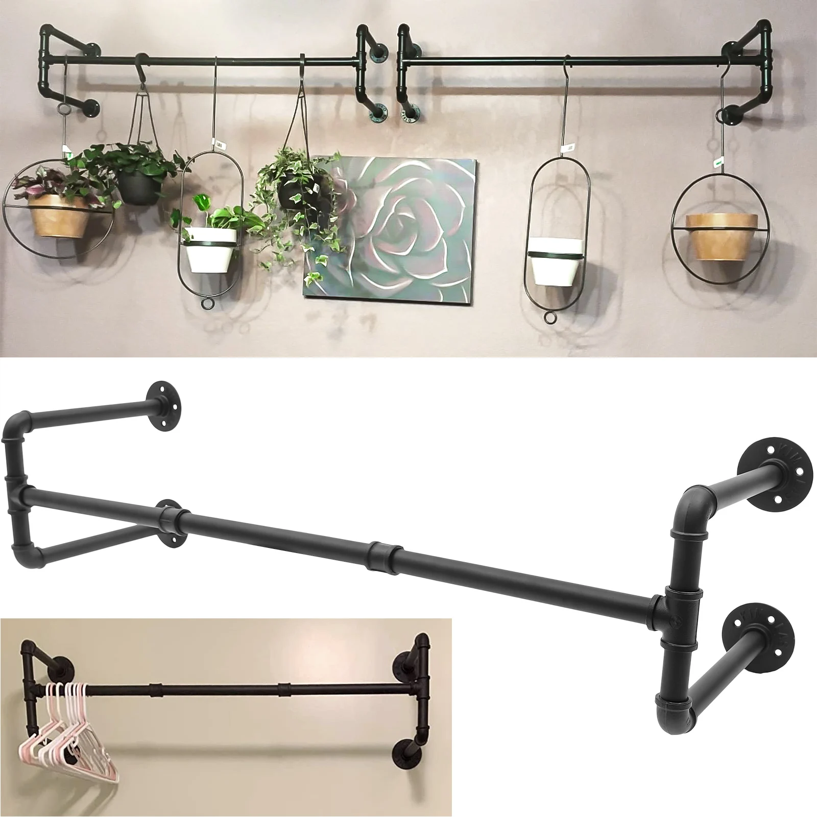 

Industrial Pipe Clothing Rack Wall-Mounted Clothes Garment Organizer Space Saving Removable Clothes Multipurpose Hanging Bar