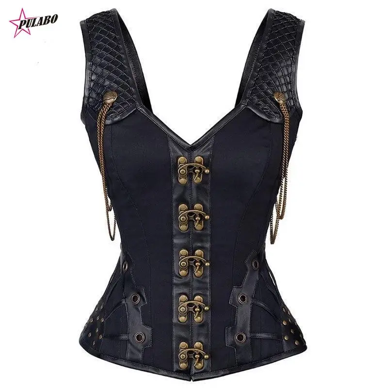 PULABO Waist Trainer Corsets Leather Steampunk Corselet Gothic Clothing Waist Trainer Lingerie Slimming Party Corsets Bustiers