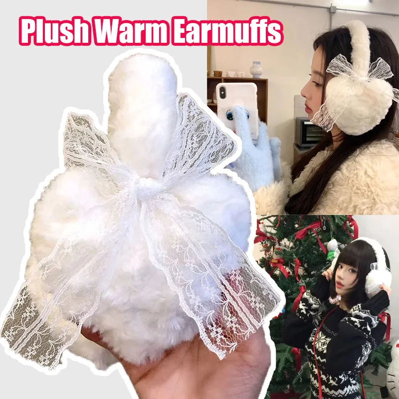 Penutup Telinga Wanita Musim Dingin Gaya Lolita dengan Pita, Bulu Halus, Hangat, untuk Bersepeda di Luar Ruangan, Anak-anak, Penutup Headphone Berenda, Penghangat Telinga, Penutup Telinga, Aksesoris Kepala Modis