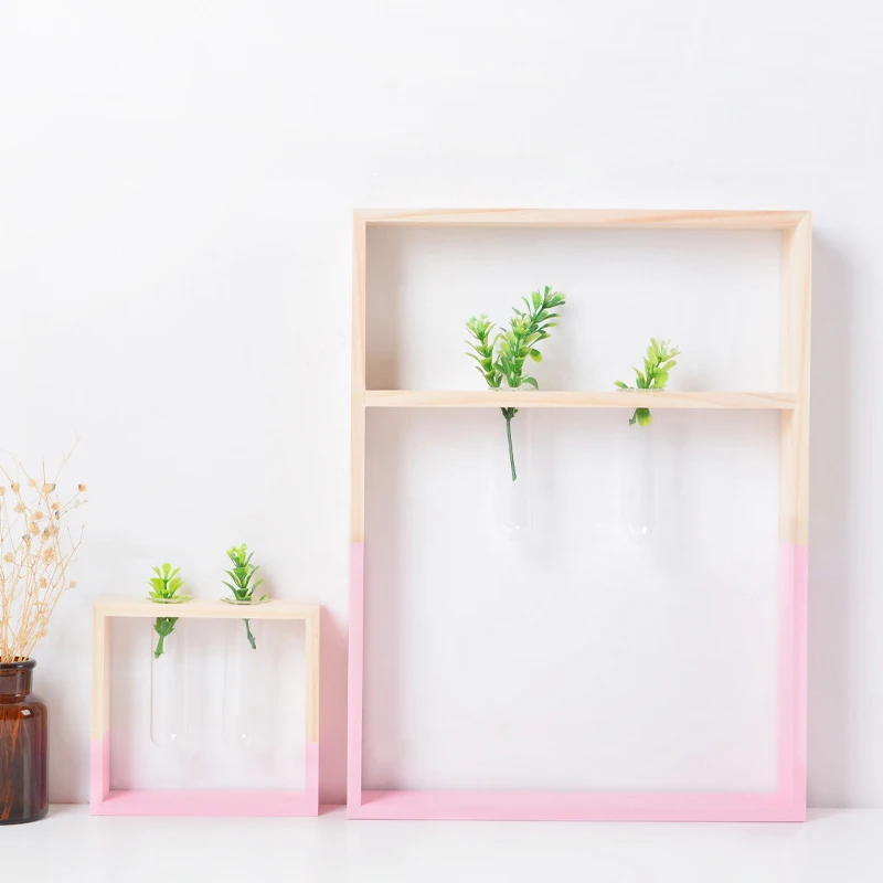 Nordic Style Handicraft Solid Wood Test Tube Flower Rack Wooden Hydroponic Plant Pots Modern Home Wall Decoration