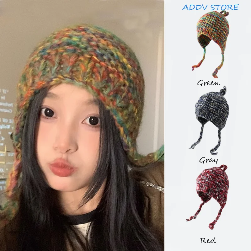 Warm Beanie Ear Caps for Men and Women in Winter Mixed Knit Hat Parent-child Handmade Colored Coarse Woolen Hats