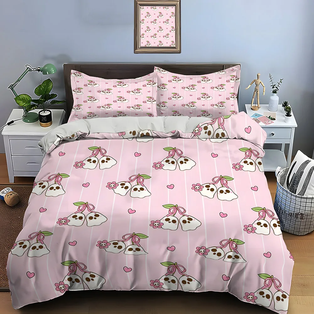 Cute ghosts and flowers on pink background Pattern Duvet Cover Set Digital Print Polyester Bedding with Zipper Closur gifts