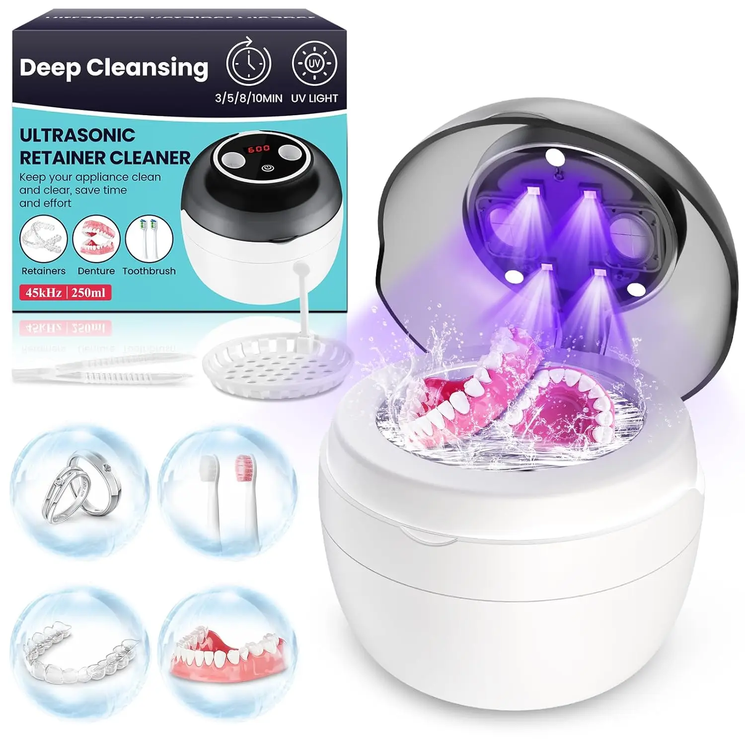 

Ultrasonic Retainer Cleaner Machine, Denture Cleaner for Mouth Guard, Night Guard, Aligner, Dentures, Jewelry, Toothbrush