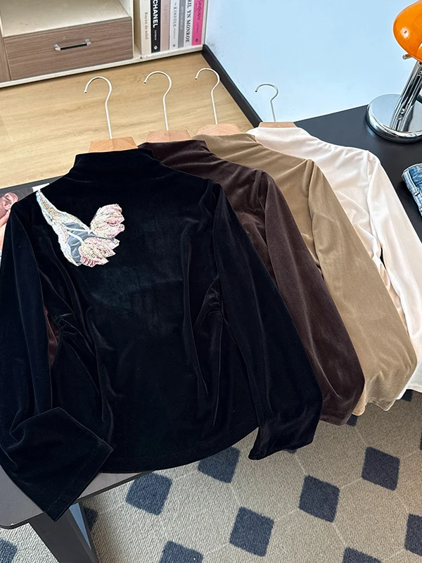 New Chinese Style Velvet Embroidered Base Shirt Autumn New Style Half High Collar Side Pleated Inner Wear T-Shirt Women's Top