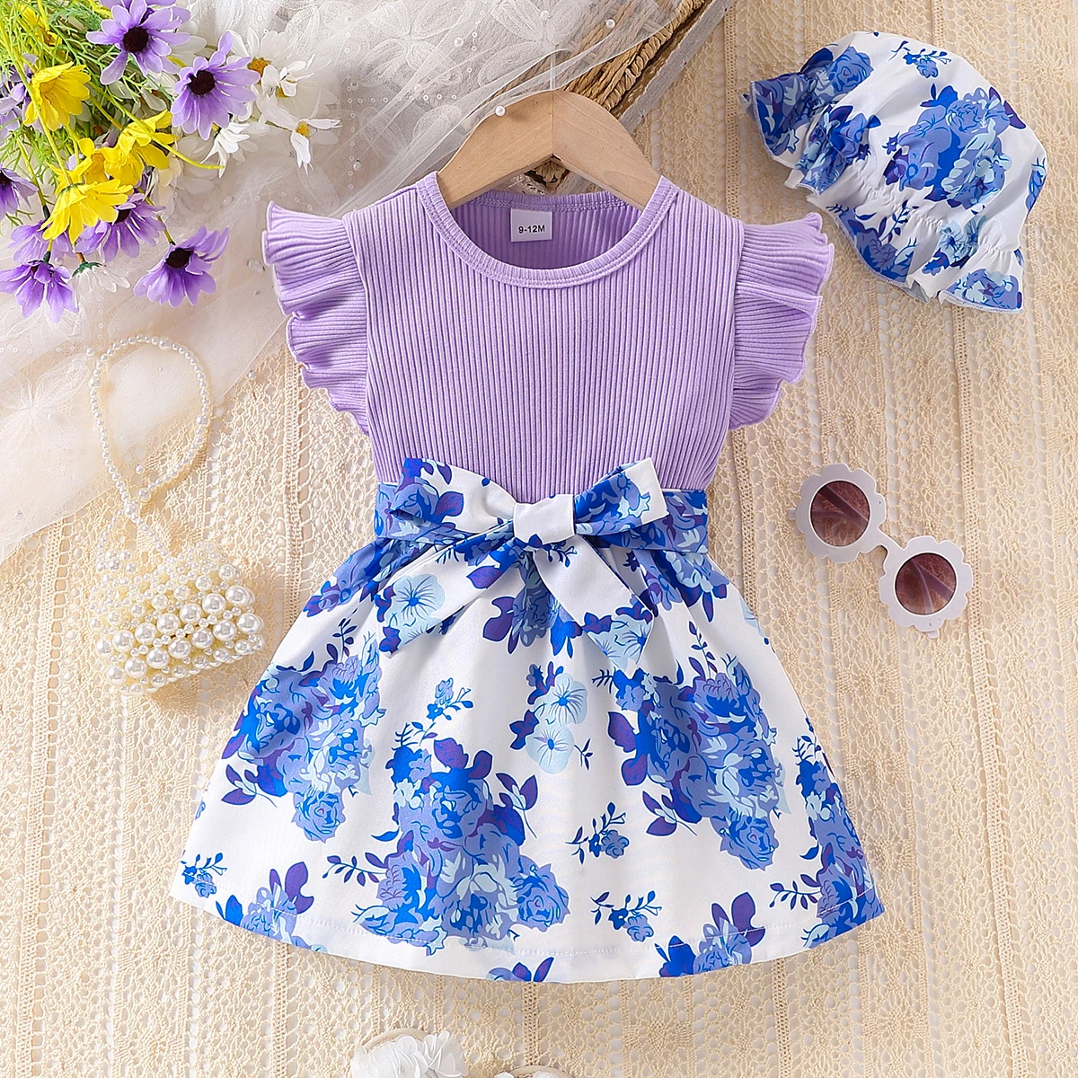 Baby Girl Baby Fashion Casual Pit Strip Knitted Fabric Splicing Flower Full Print Skirt Belt Decorative Sleeveless Dress