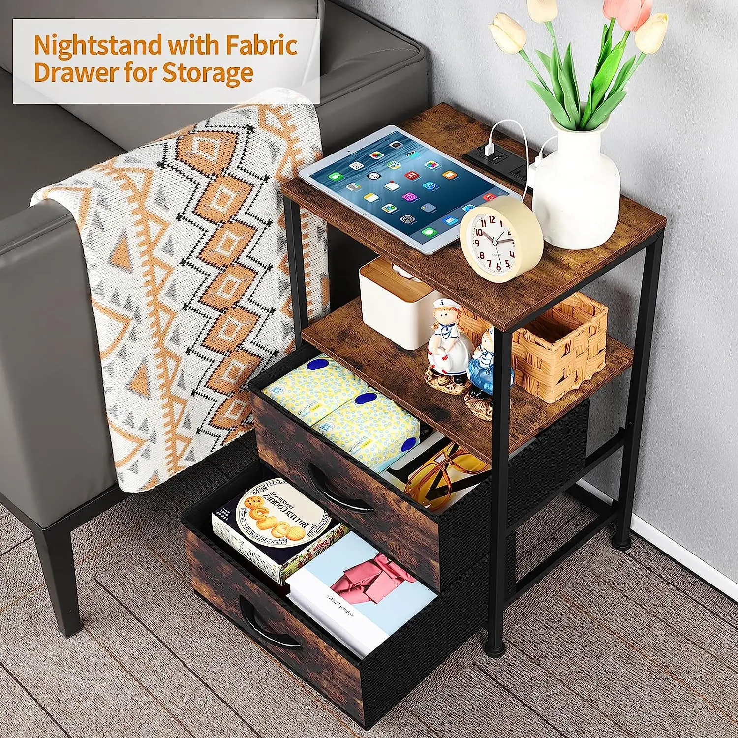 Bedside Table Set of 2 End Table Nightstand with Charging Station & Fabric Drawer Heavy Duty