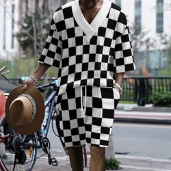 Vintage Plaid Knitted Outfits Mens Summer Loose Short Sleeve V Neck Pullover And Shorts Knit Two Piece Suits Men Oversize Suits