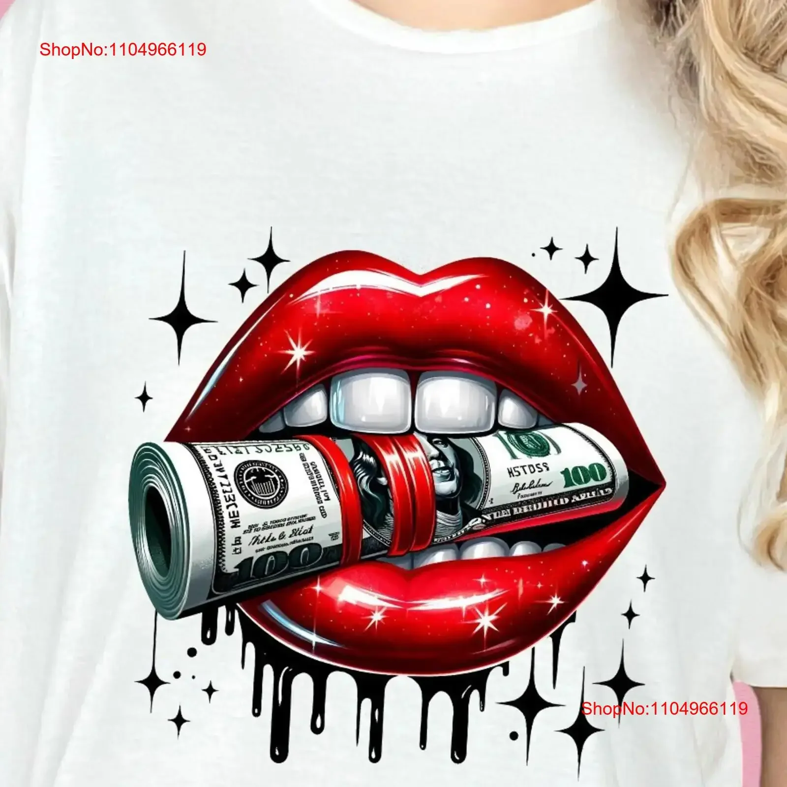 

Glossy Lips Money T Shirt 100 Dollar Bill PrinT for Men and Women DTG Top with Unique Design Idea vintage Washed