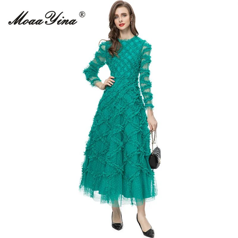 MoaaYina Autumn Fashion Designer Vintage Polka Dot Print Dress Women O Neck Long Sleeve High Waist Mesh Ruffles Slim Long Dress