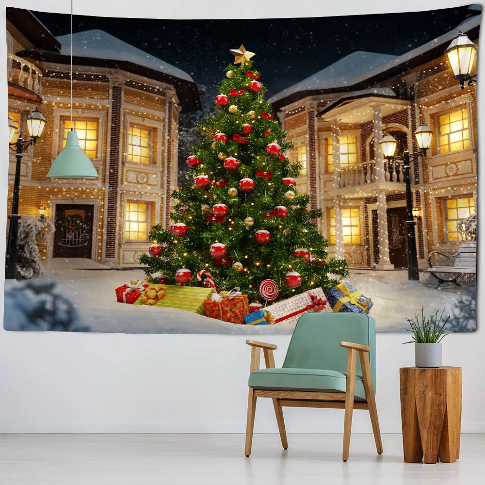 Weihnachten dekorative Wandteppich Wandbehang Weihnachten Nacht verschneite Ansicht Weihnachtsbaum Home Wanddekoration Decke Weihnachtsgeschenk