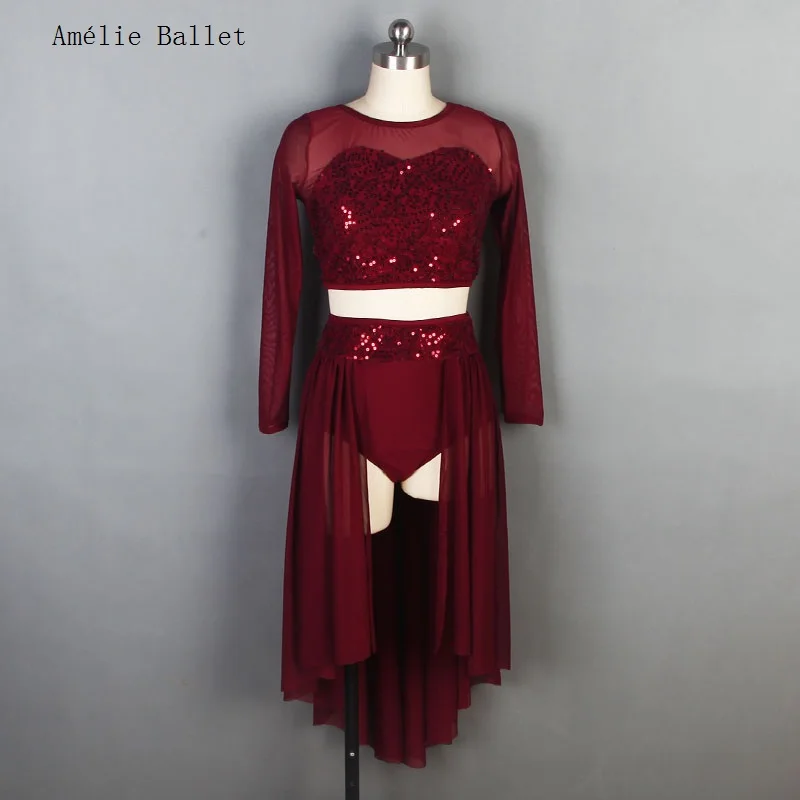 19600 Burgundy Sequin Lace Mesh Sleeves Top with Mesh Skirts Dancewear Ballet Costumes Lyrical & Contemporay Ballet Wear