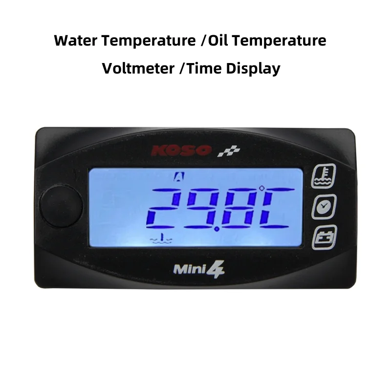 

KOSO Mini 4 in 1 LED Digital Display Water Temperature Oil Temperature Gauge Voltmeter Time Display Motorcycle Modified