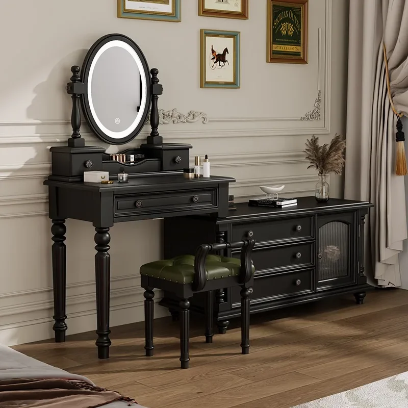 French retro retractable dresser with lamp multi-functional solid wood small apartment desk corner makeup table