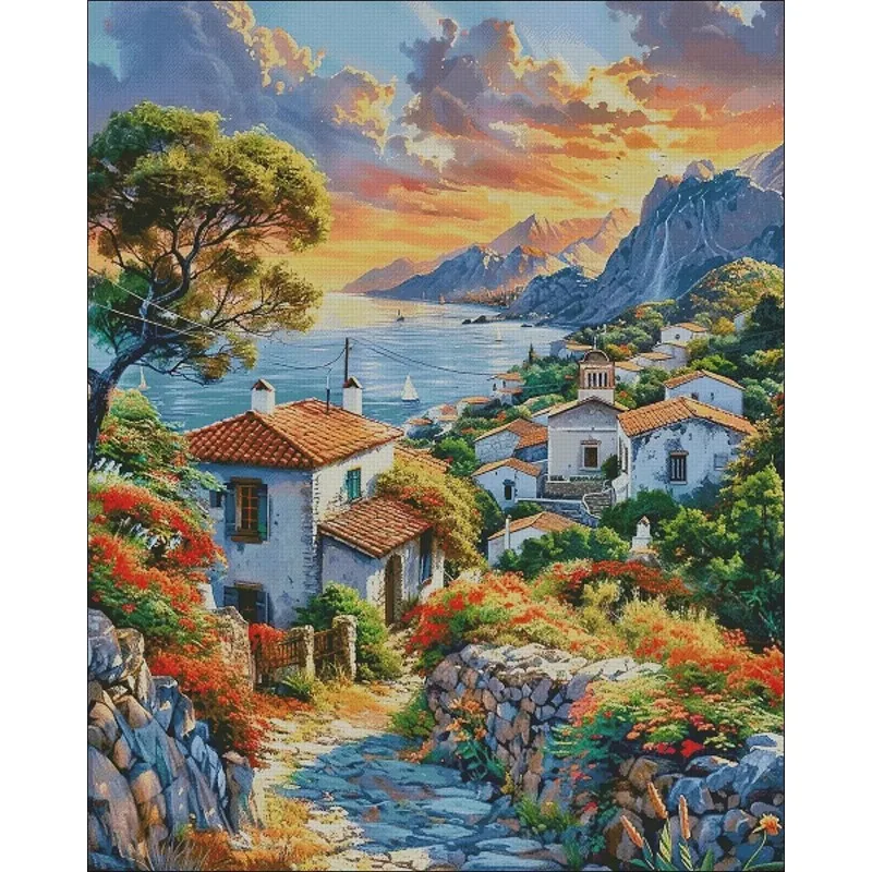 Seaside Village 14CT 16CT Printed On Canvas Cross Stitch DIY Set Chinese Pattern Kit Home Needlework Embroidery 160 Colors