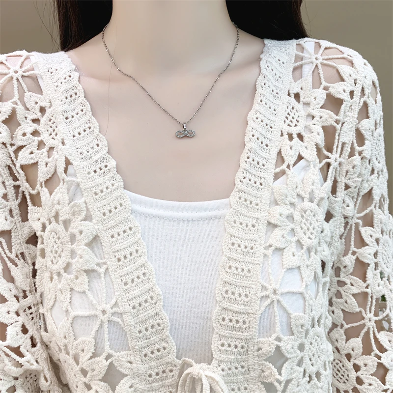 Damskie letnie szydełkowe koronkowe Kimono swetry na plażę z dekoltem w serek z wycięciami beżowe koszule z bawełnianą cienką kurtką Boho