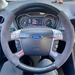 For Ford Mondeo Mk4 2007-2012 S-Max 2008 Hand Stitched suede carbon fiber Genuine Leather Car Steering Wheel Cover